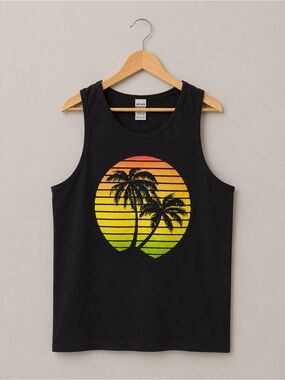 Gildan Heavy Cotton Palm Tree Sunset Graphic Tank Top Men’s, XXL